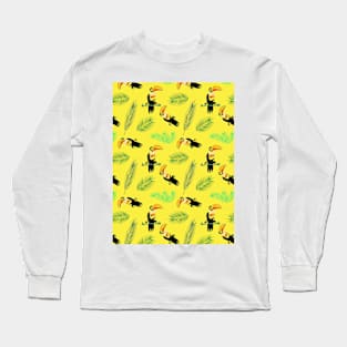 Yellow tropical seamless pattern with toucan bird and palm tree Long Sleeve T-Shirt